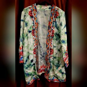 Womans JOHNNY WAS Green Embroidered Workshop Cotton Tunic Top Shirt Size M